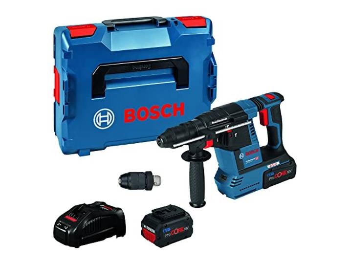 Bosch Professional 18V System GBH 18V-26 F - Taladro percutor inalámbrico (2 baterías x 5.0 Ah ProCORE18V, GAL 1880 CV, GDE 18V-16, en L-BOXX)