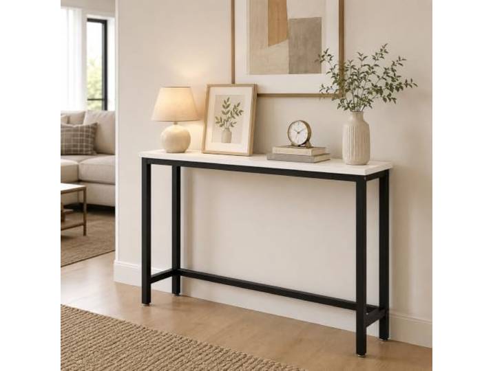 Schmaler Konsolentisch mit Massivholzplatte & Schwarzem Stahlgestell Schmaler Flurtisch für Eingang, hinter Sofa, Fenster, Wohnzimmer und kleine Räume(White,140*20*80cm)