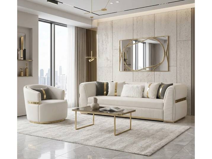 Xlmoebel Polstergarnitur Elegante Weiß-Goldene Polstergarnitur für stilvolles Wohnen, (2-tlg), Made in Europa