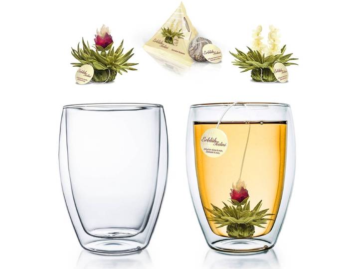 Creano dubbelwandig thermoglas 250ml \ DG-Hoch\ \, set van 2 + 2 theebloemen Erblühteelini witte thee in kopformaat