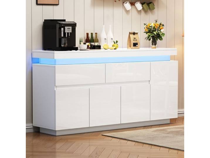 Buffet de salon quatre portes deux tiroirs éclairage LED finition brillante commode à cinq tiroirs meuble de rangement blanc
