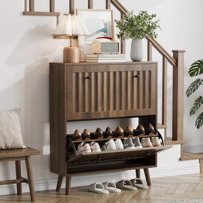 "31.5"" Upright Shoe Cabinet Storage Unit with Vertical Grooved Finish for Hallways, Passageways and Entrances"