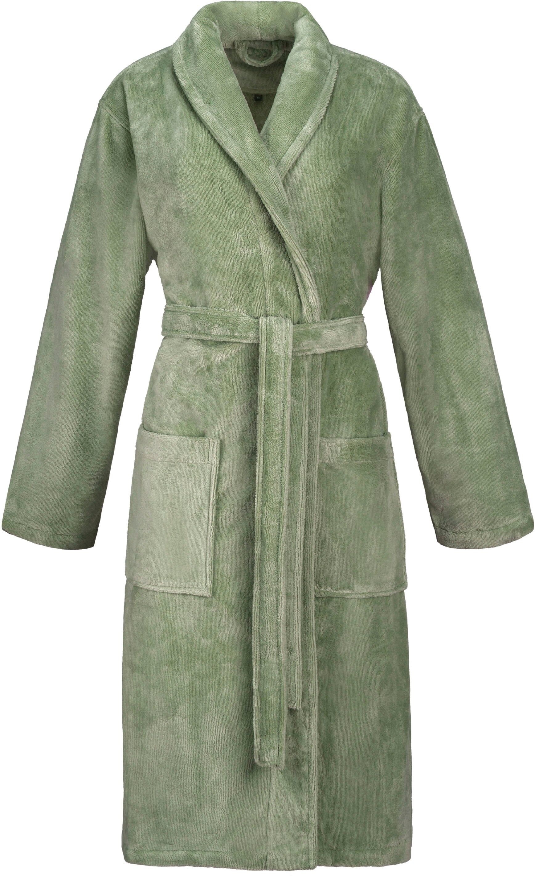 Bademantel VOSSEN "Pico, ideal für Sauna & Spa, Hotelbademantel, Morgenmantel" Gr. L, grün (eucalyptus), L:120cm, Baumwoll-Mix, Hausmäntel, Bademantel, Schalkragen eucalyptus L L: 120cm