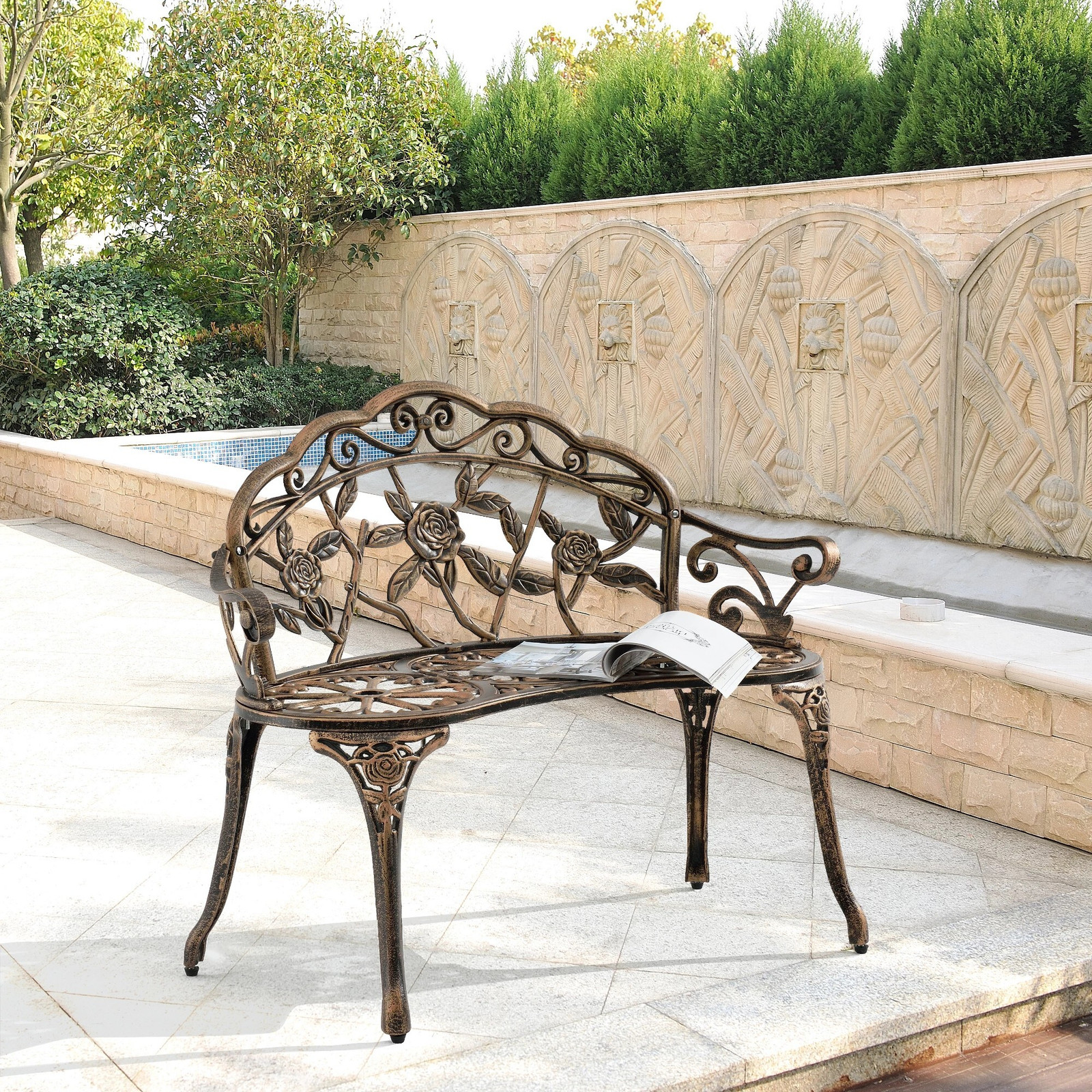 And OutdoorMatch Bailey tuinstoel tweezitter bronskleur gietijzer en aluminium B/D/H: 100 x 54 x 80 cm