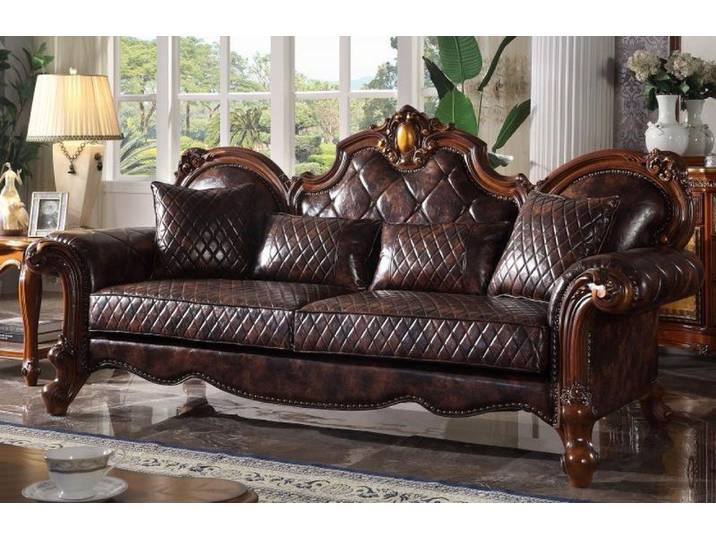 JVmoebel 3-Sitzer Barock Sofa aus Leder mit kunstvoll geschnitztem Holzrahmen, Made in Europa