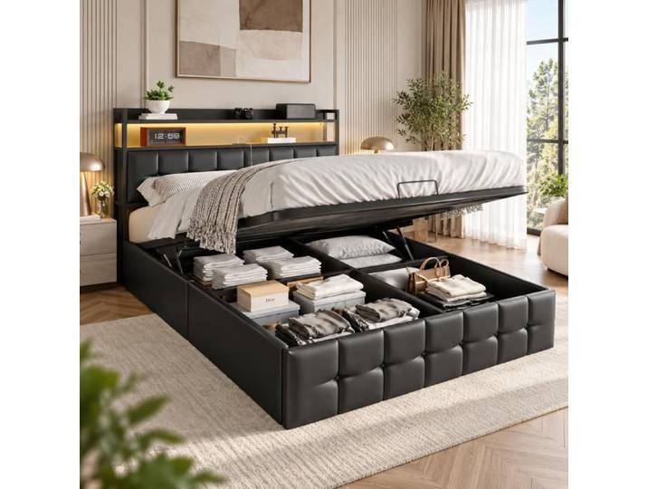 Lit Coffre 140x190 cm avec Dossier Confortable Lit 140x190 cm avec Éclairage LED et Multiprise Lit Hydraulique Noir