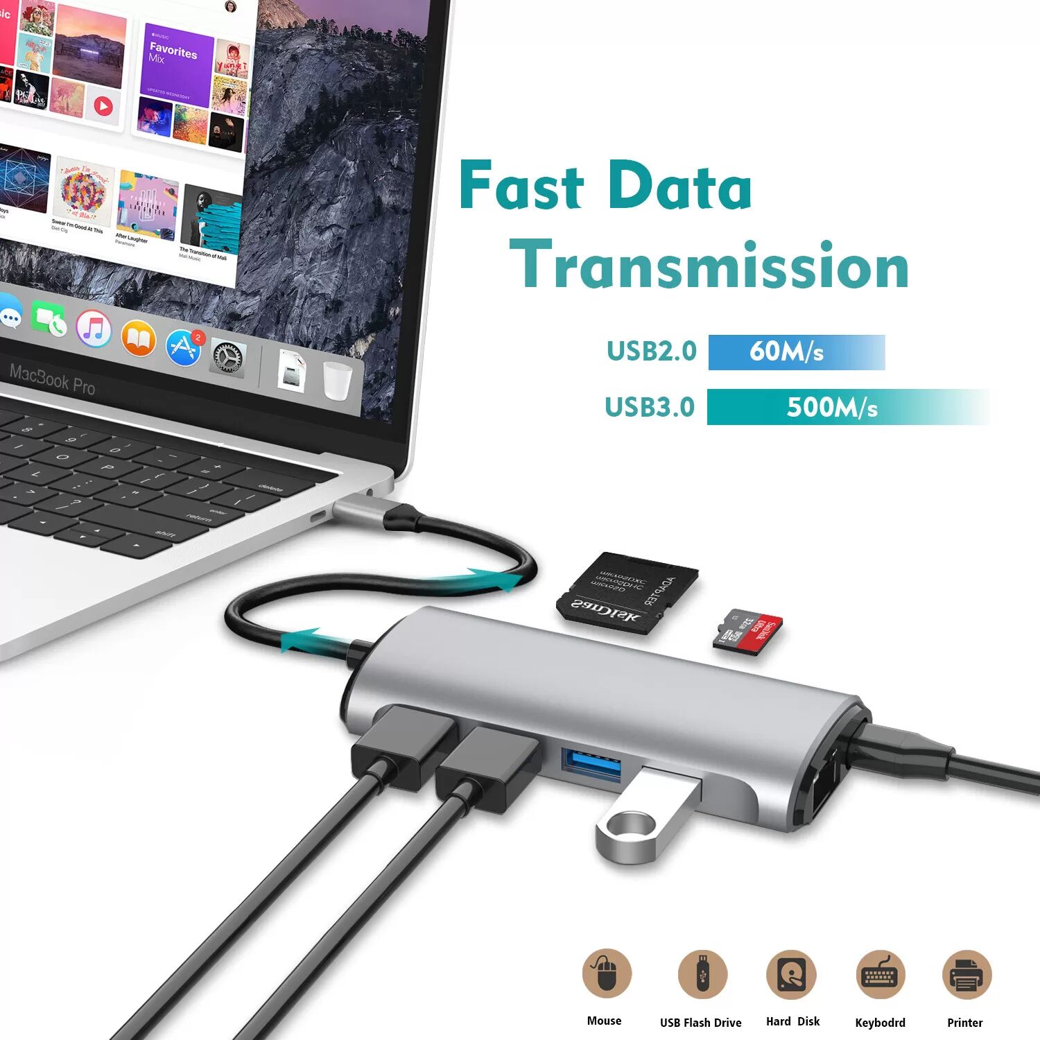 INF Adaptateur multiport de concentrateur Type-C 8 en 1 avec HDMI, RJ45, lecteur de carte SD/TF