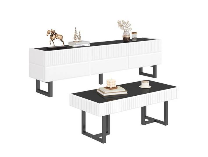 SENVIRO Ensemble salon meuble TV et table basse noir et blanc design moderne finition brillante rangement intégré