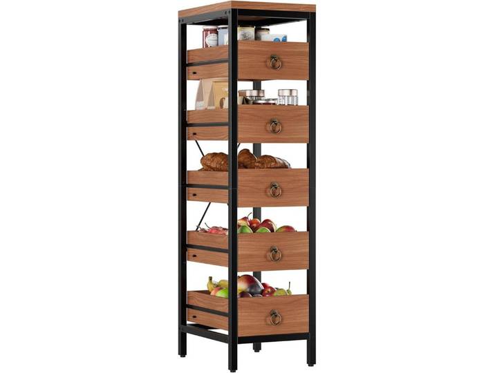 GarveeMore Küchenregal 5-stöckiges mit 5 ausziehbaren Schubladen für Obst und Gemüse, praktisches Regal für Küche, Wohnzimmer, Badezimmer und Supermarkt