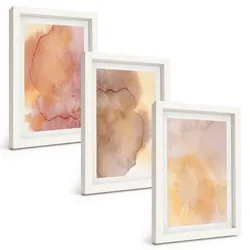 BILDER SET 3er Set - 20x30 cm Weißer Rahmen - Warme, farbenfrohe Aquarelltexturen