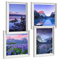 BILDER SET 4er Set - 50x50 cm & 40x60 cm Weißer Rahmen - Berglandschaften, Wasser, Blumenfeld