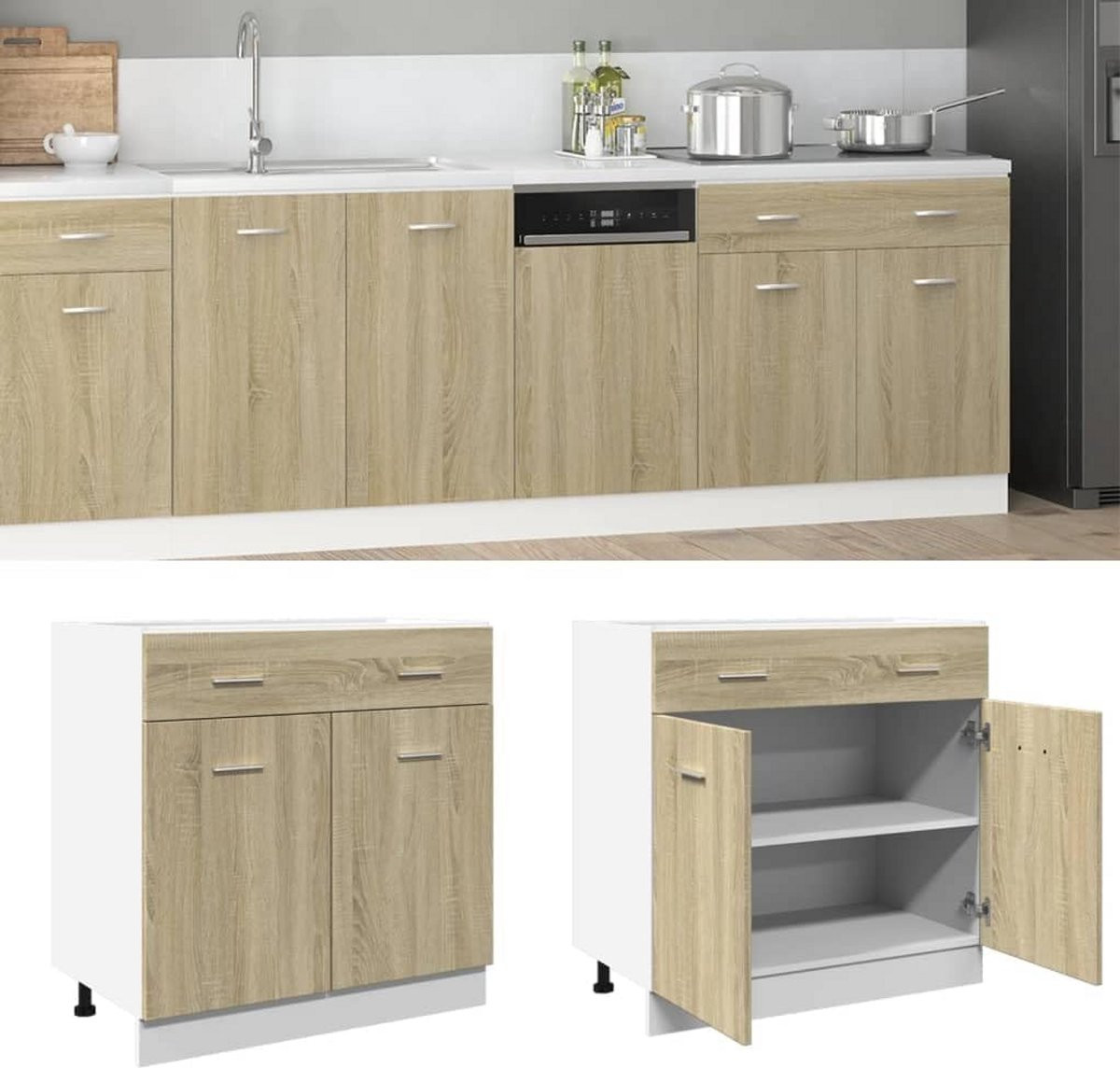 Keukenkast met lade en deuren Sonoma Eiken Hout - Basismodule Breedte: 80 cm