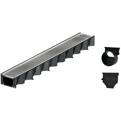 1m ACO Self® Hexaline 2.0 Entwässerungsrinne mit Edelstahl Längsstab Stegrost+ Ablauf Horizontal