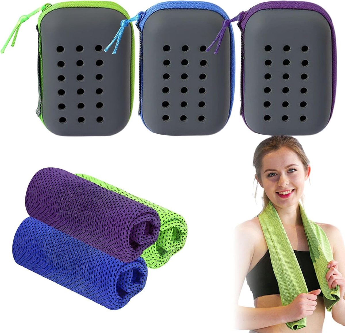Set van 3 sneldrogende en superabsorberende sporthanddoeken met opbergdoos, 30 x 90 cm, 3 kleuren