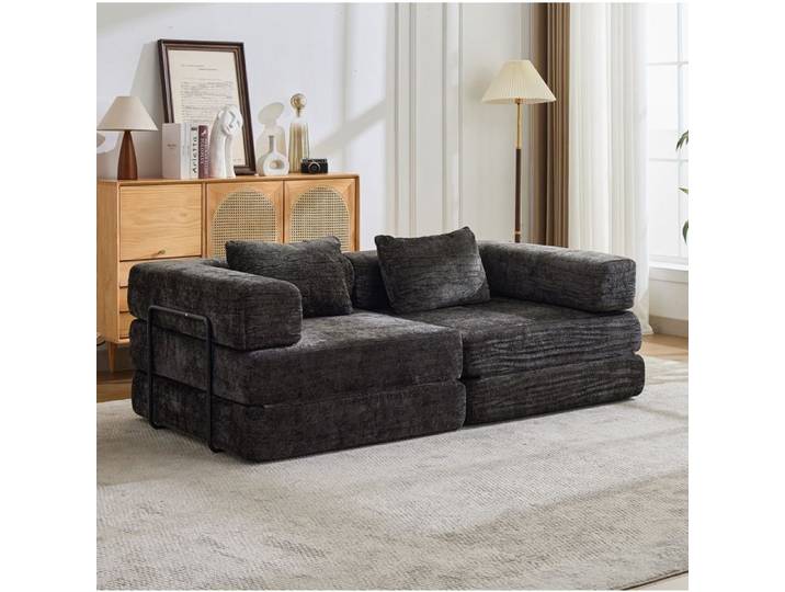 Canapé compressé convertible 2 places modulable en chenille noire