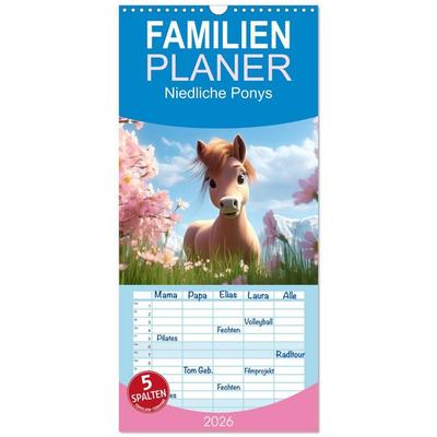 Familienplaner 2026 - Niedliche Ponys mit 5 Spalten (Wandkalender, 21 x 45 cm) CALVENDO