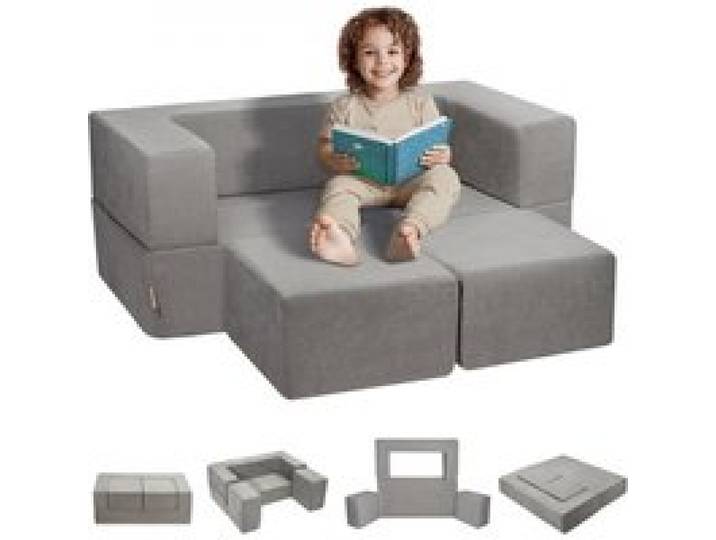 VEVOR Spielsofa Kindersofa aus Chenille-Stoff Bausteine 4-teilig, Kinderspielsofa mit abnehmbarem Bezug 90 kg belastbar, umwandelbares Kindersofa Spielzimmermöbel zum Schlafen Lesen Dunkelgrau