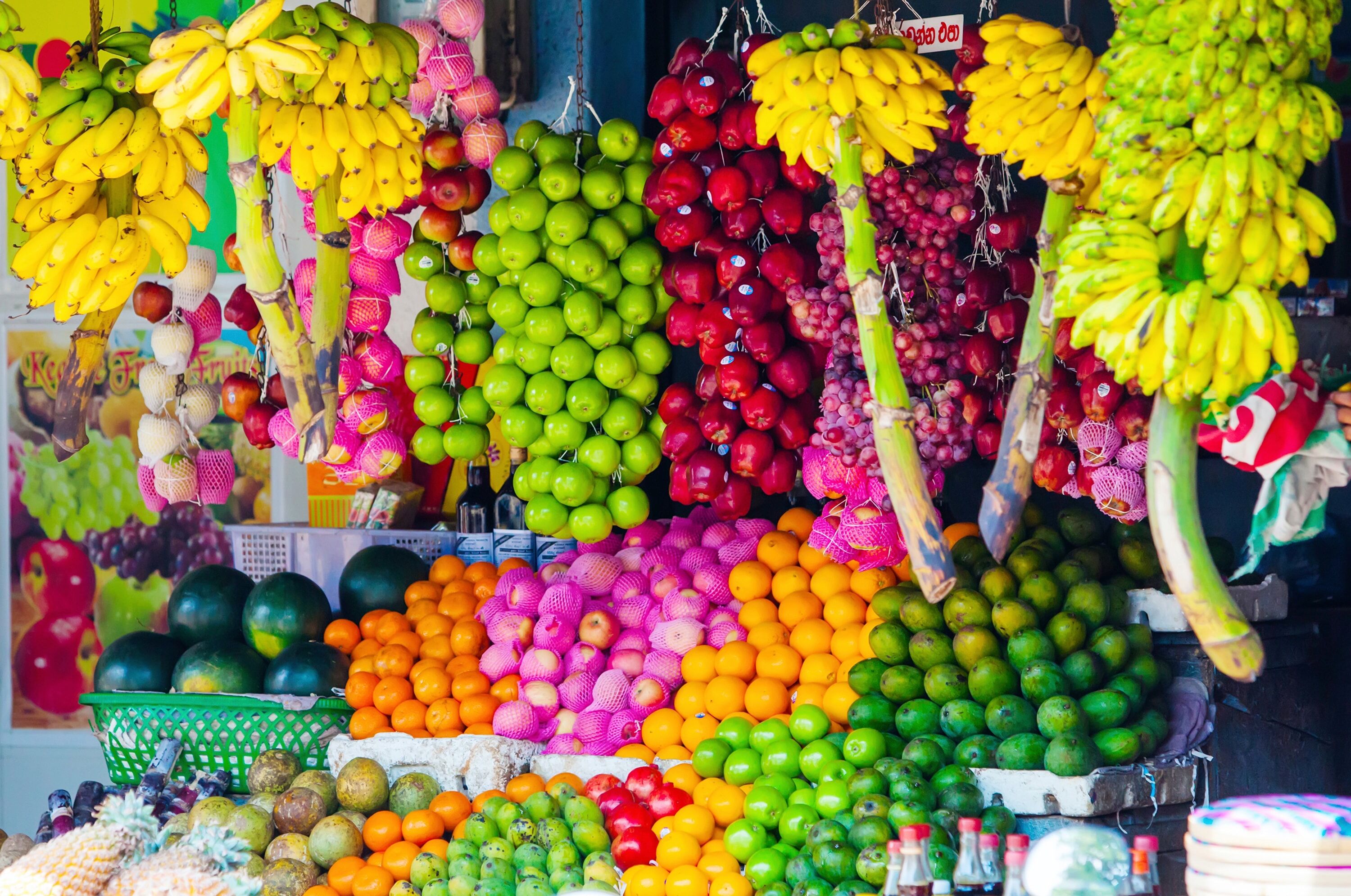 Fototapete PAPERMOON "FRÜCHTE MARKT-SRI LANKA PFLANZEN NATUR MUSTER DEKOR", bunt, B:4m L:2,6m, Vlies, Tapeten, Fototapete bunt B/L: 4m x 2,6m, Bahnen: 8 Stk.