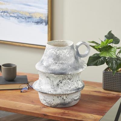 ARCILLA ELEMENTAL Light Gray Paper Mache Distressed Fluted Decorative Vase with Light Gray Texturing and Ring Handle