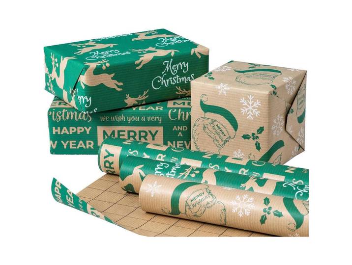 Geschenkpapier 3 Rollen Set Kraftpapier Weihnachten, Mehrfarbig, Papier, 43.2x1x300 cm, Dekoration, Geschenkartikel, Geschenkbänder & Geschenkpapier