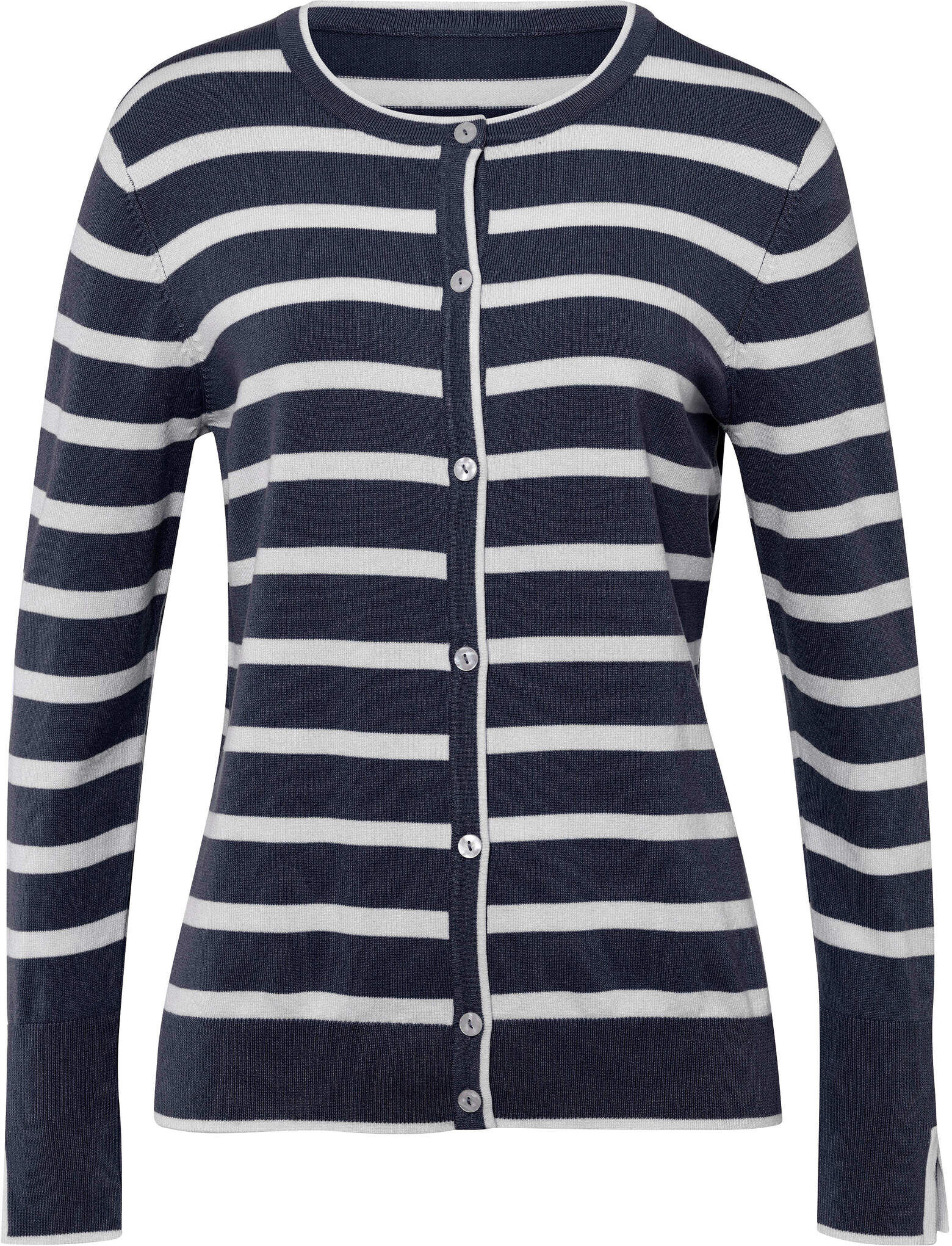 Strickjacke HEINE "Cardigan Feinstrickjacke mit Viskose, gestreift", Damen, Gr. 38, marine, ecru, gestreift, Sportlich, Rundhals, Strickjacken Strickjacke