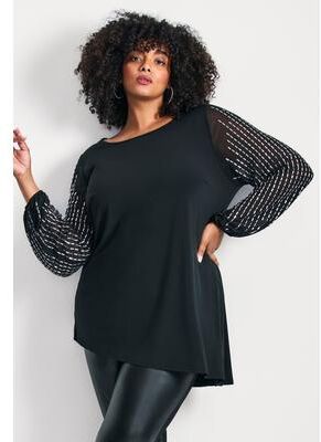 Plus Size Women's Glitz Embellished Sleeve Tunic by Avenue in Black (Size 14)