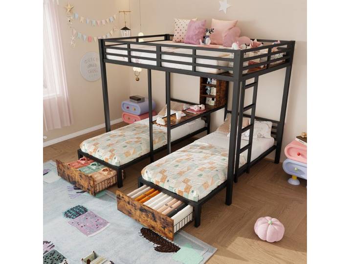 VUENOR Lit superposé triple 140x200 + 90x200 cm noir – avec rangements sans matelas