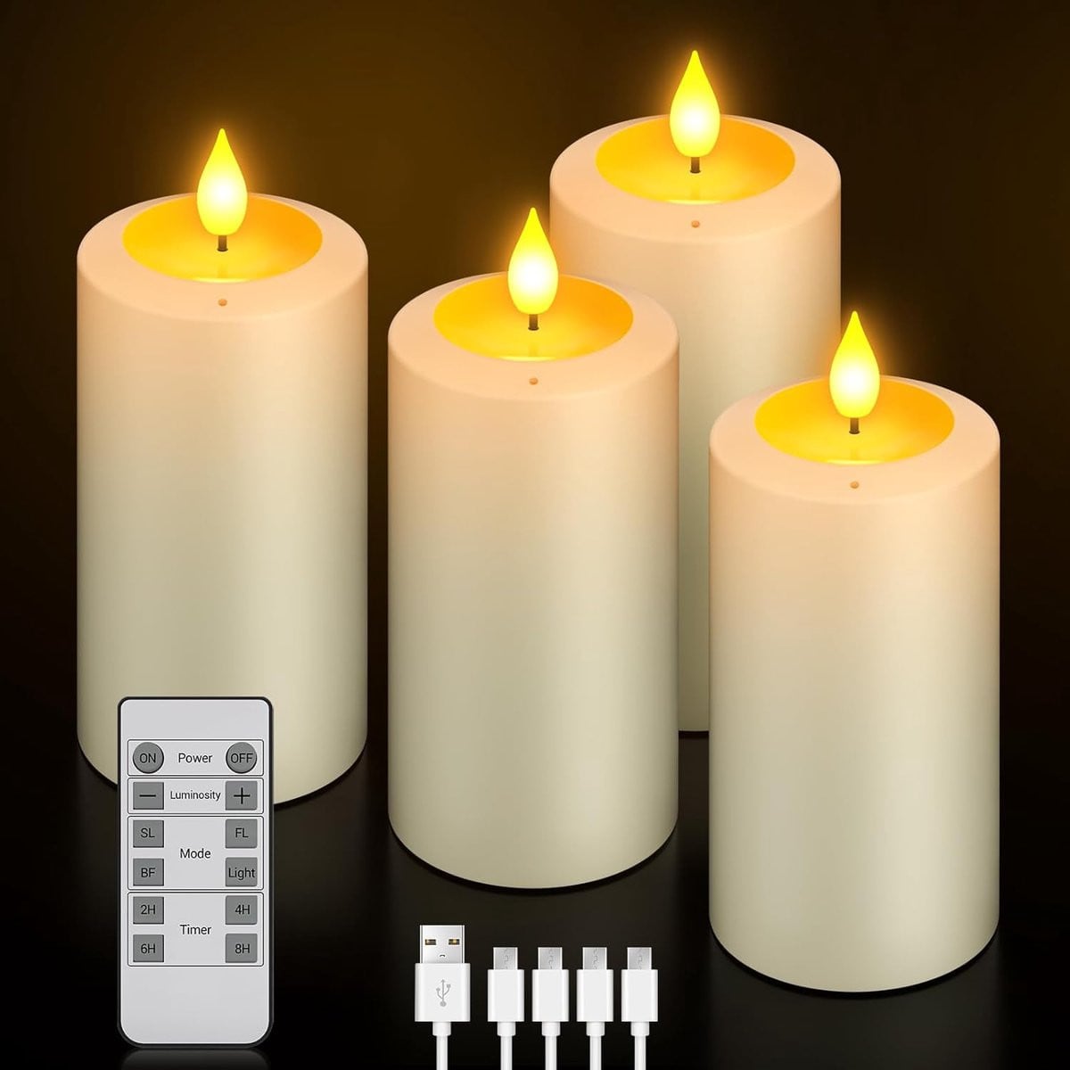 Set van 4 oplaadbare LED kaarsen met uitblaasfunctie in ivoriewit