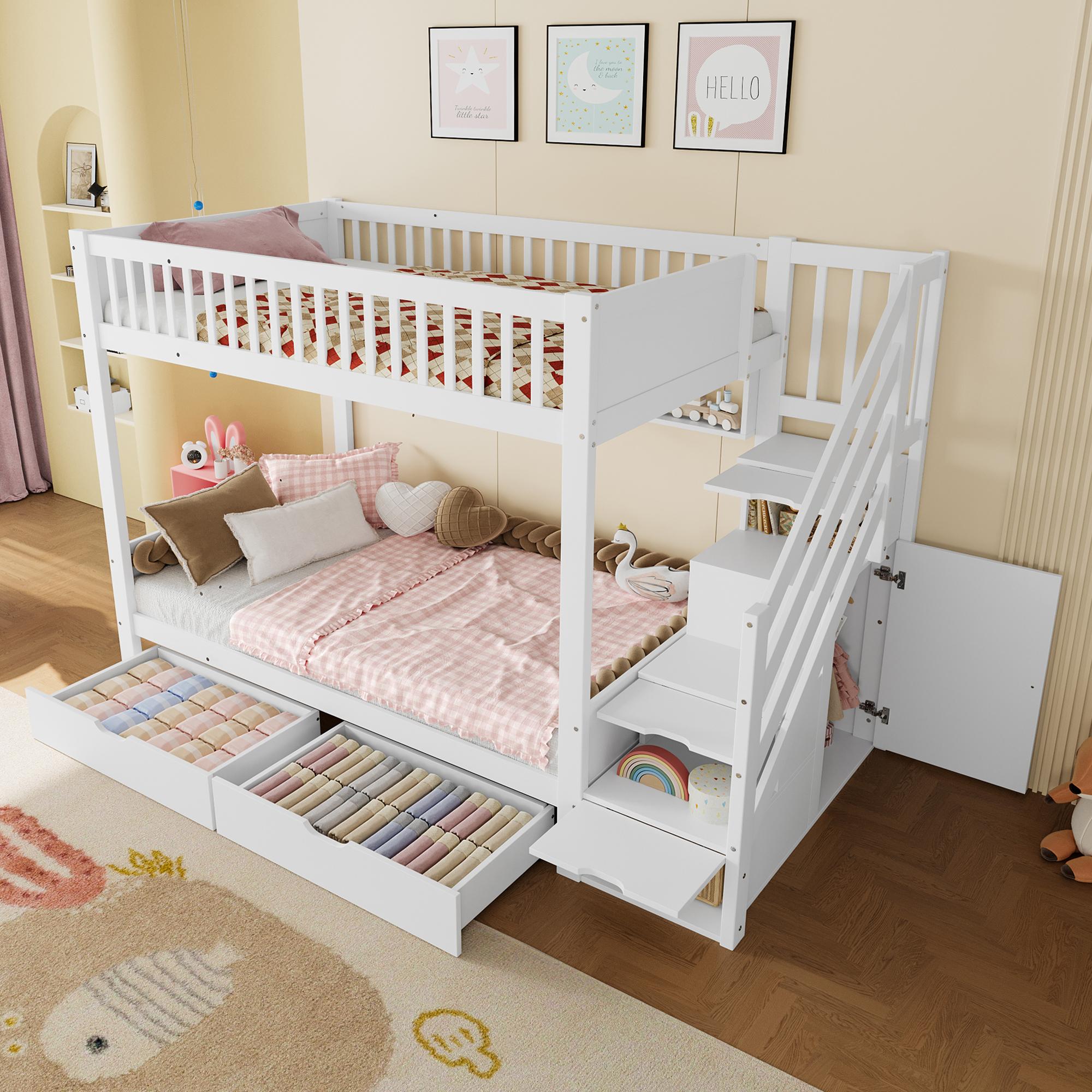Etagenbett(Ohne Matratze),Kinderbett,mit Schublade,mit Regal,mit Kleiderschrank,mit Staufach,90x200cm,Weiß