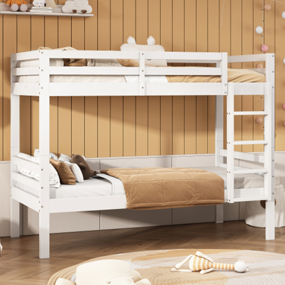 Kinderbett,Etagenbett mit dreistufiger Winkelleiter Bett aufgeteilt in 2 Einzelbetten, Jugendbett, Einzelbett, Rahmen aus Kiefer, 90x200cm