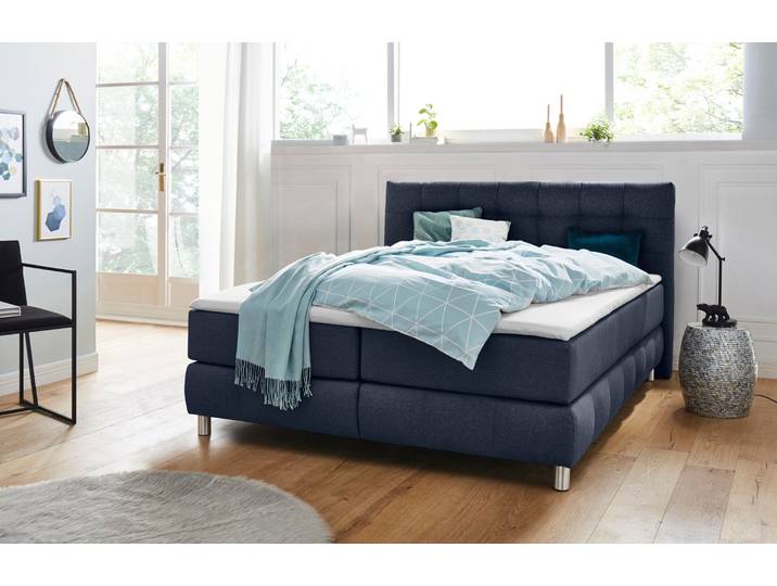 Boxspringbett, 174x231 cm, Struktur, Blau, 7-Zonen-Kaltschaummatratze, Skandi, andas