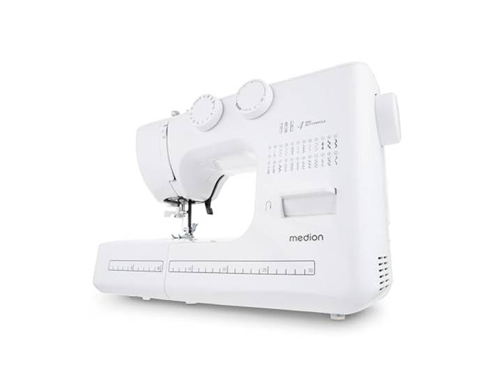 MEDION Freiarm-Nähmaschine SM60 (60 Watt, 60 verschiedene Stichmuster mit Knopflöchern, LED Nählicht, automatischer Einfädler, Rückwärtstaste, Fadenschneider, MD10689) weiß