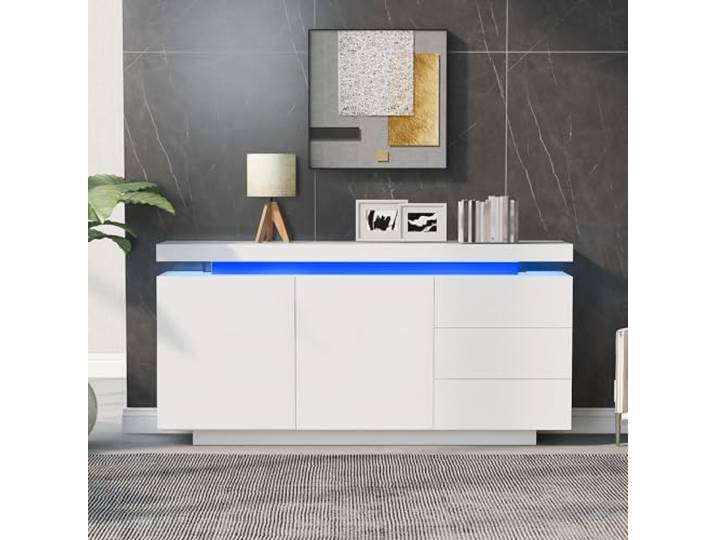 QQJIN Modern Sideboard mit LED, 2 Türen 3 Schubladen, 140x35x72.5cm Weiß Hochglanz Kommoden & Sideboards für Wohnzimmer, Flur & Küche, Grifflose,H