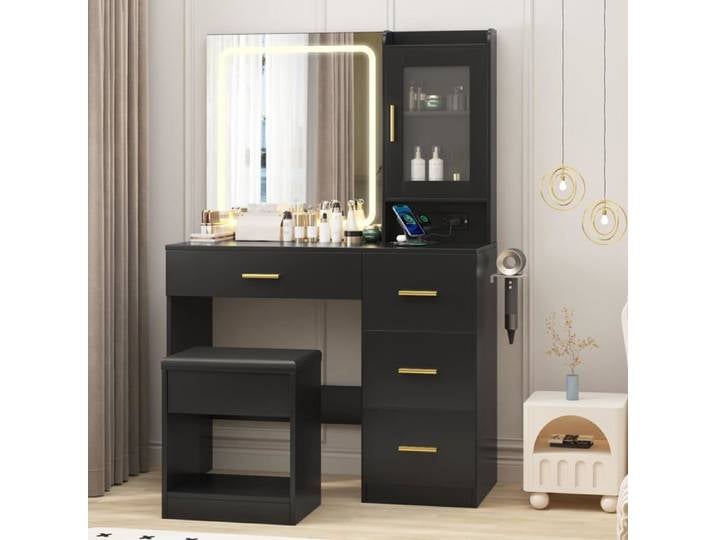 coiffeuse – Miroir LED 3 Couleurs Prises Tabouret Inclus Porte-Sèche-Cheveux Idéale pour Chambre/Studio 94x40x140cm