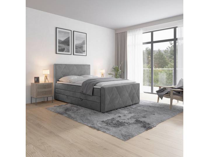 Boxspringbett, Hellgrau, 140x200 cm, Textil, 7-Zonen Federkern, MID.YOU