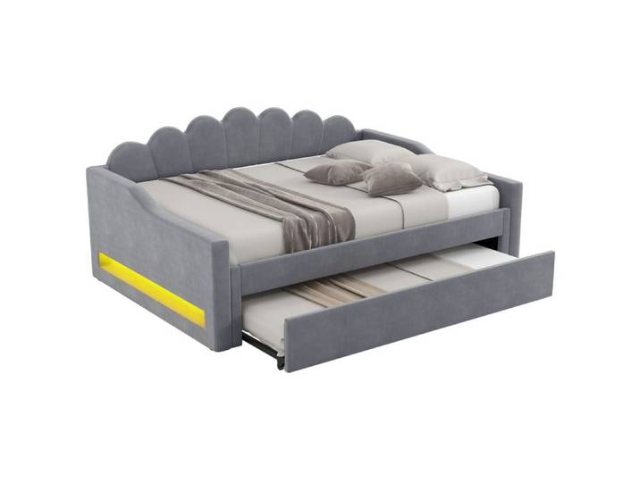 VLIVRA Lit gigogne 140×200 cm Lit Double - LED réglable et couchage d'appoint - sans matelas - en tissu gris