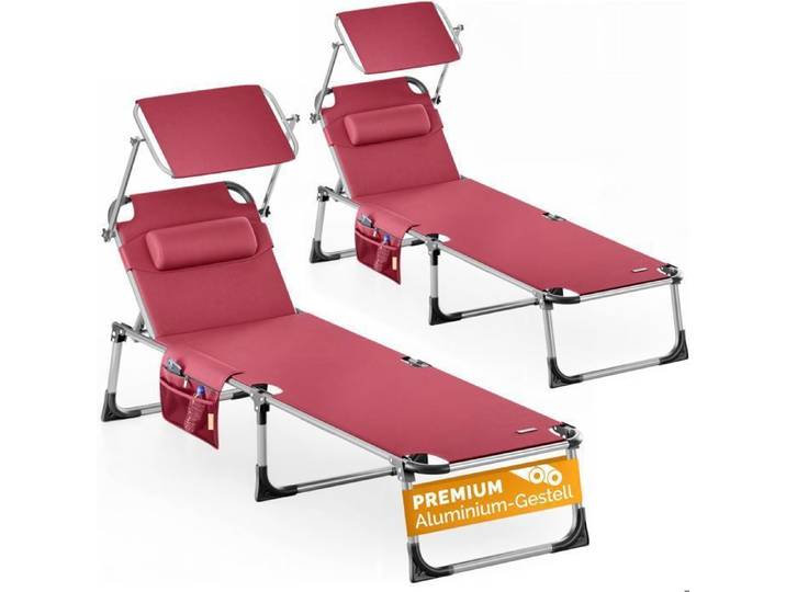CASARIA® Lot de 2 Transats Pliables avec Pare-Soleil Chaises Longues de Jardin Bain de Soleil charge max 180 kg - Rouge