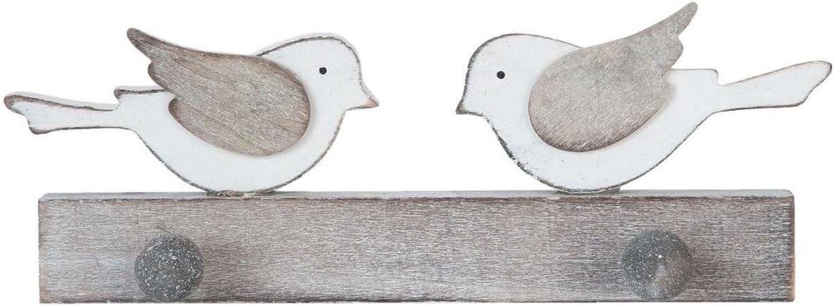 Houten wandgarderobe met 2 haken en vogeldecoratie