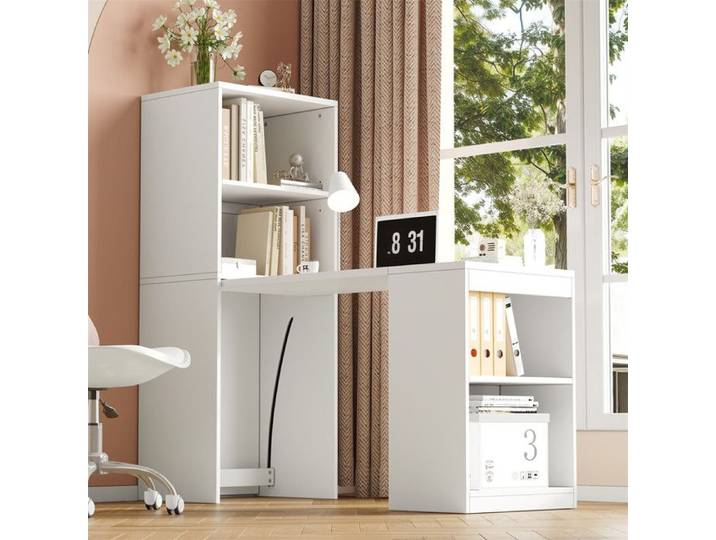 Bureau Pliable Modulable 130 cm avec Bibliothèque et 4 Étagères Bureau d'Angle Escamotable pour Studio Poste de Travail Blanc