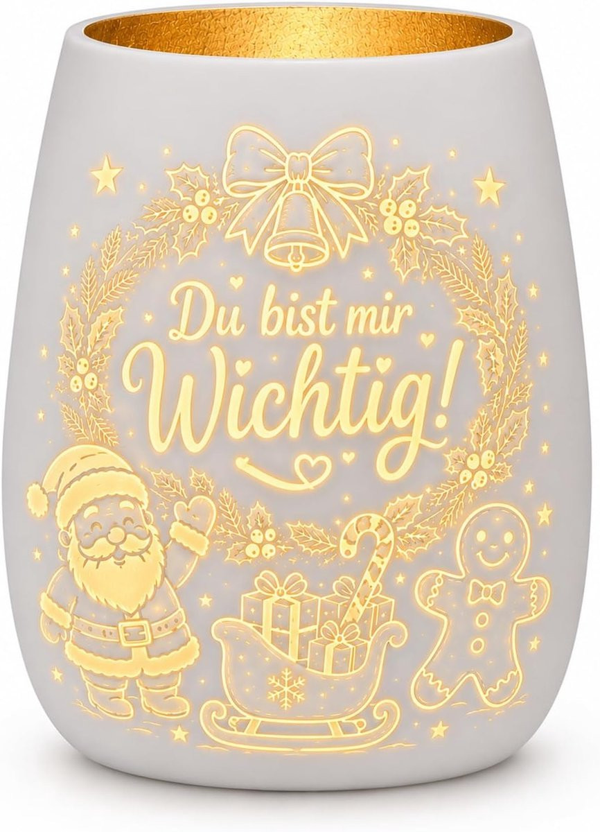 Glazen windlicht met gravure Du bist Mir Wichtig, theelichthouder met kerstman en peperkoekman voor kerstdecoratie