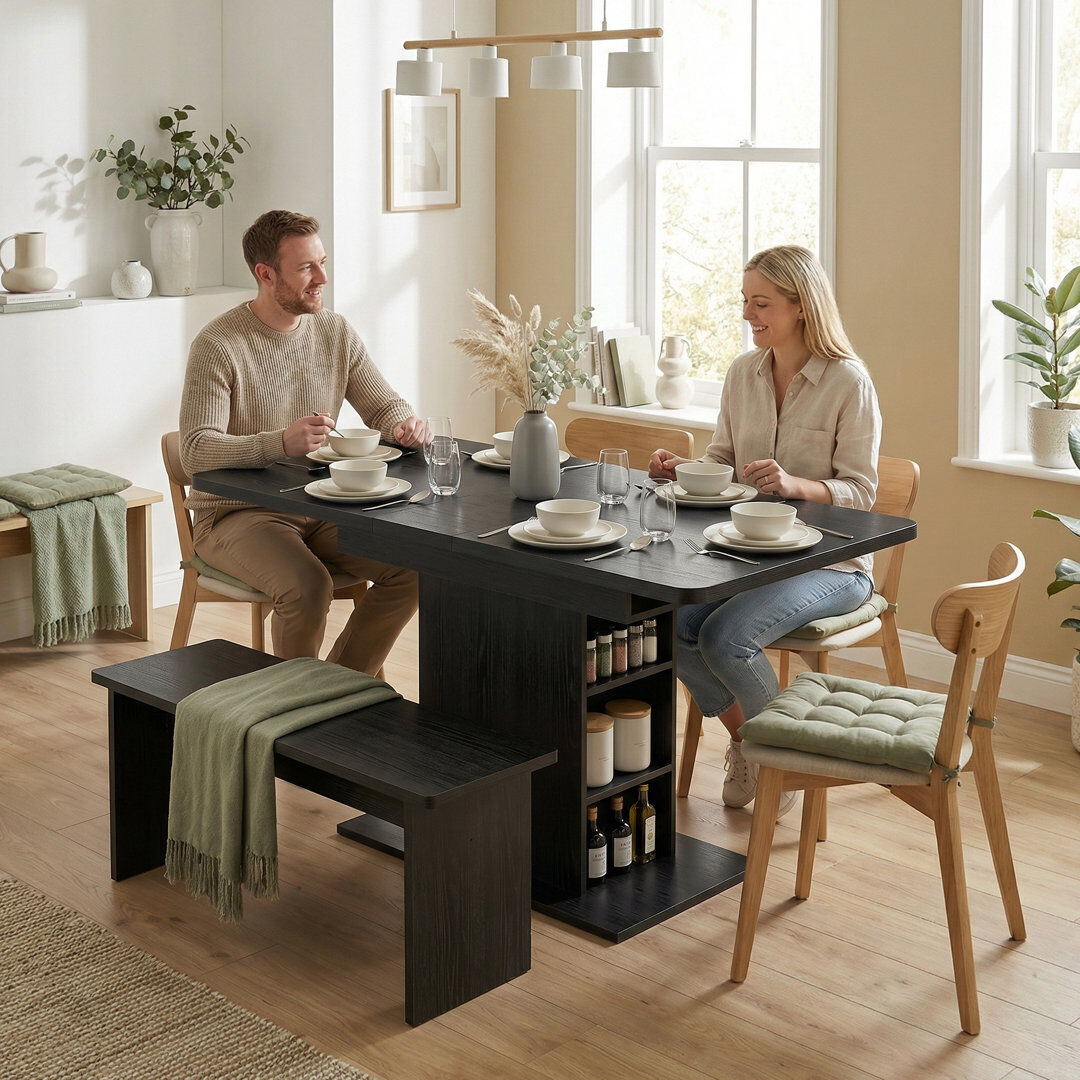 Brayden Studio HOMCOM Extendable Dining Table for 4-6, Kitchen Table with Shelves Black
