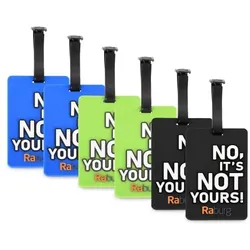 Kofferanhänger 6er Set aus PVC, mit Adresszeile & Spruch "NO, IT'S NOT YOURS!" - ca. 10,5×6,5 cm, Mehrfarbig | Raburg Gepäckanhänger