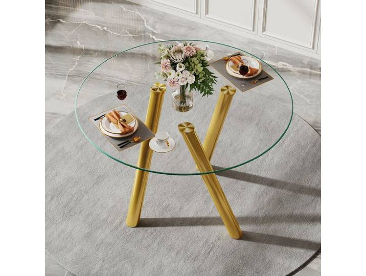 LUSCRIATE - Table à manger ronde verre trempé Table cuisine pieds métal robustes design élégant stable Table Basse - Doré
