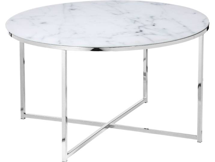 Couchtisch SALESFEVER Caorle Coffeetable im eleganten Stil , weiß (weiß, chromfarben, chromfarben, weiß), B:80cm H:45cm T:80cm, Tische, Couchtisch, Elegantes Design mit Marmoroptik-Tischplatte