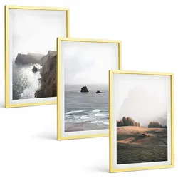BILDER SET 3er Set - 40x60 cm Goldrahmen - Landschaften aus Bergen und Meer