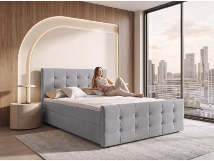 AX Living Boxspringbett Defne 140x200 Hellgrau, Fußteil, ohne Topper Bettkasten mit Gasdruckfedern, Bonell H2/H3 und Komfortschaum.