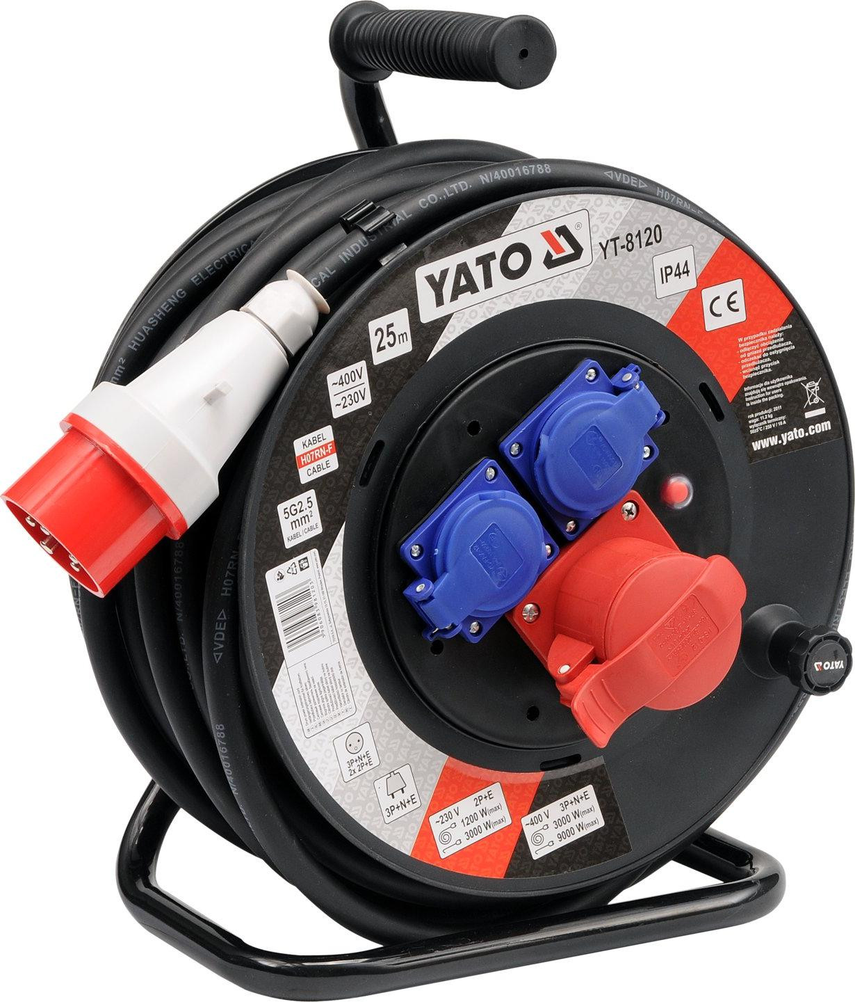 Yato YT-8120 verlengsnoer met 3 stopcontacten, 25 meter, 2,5 mm², Zwart/Rood/Wit