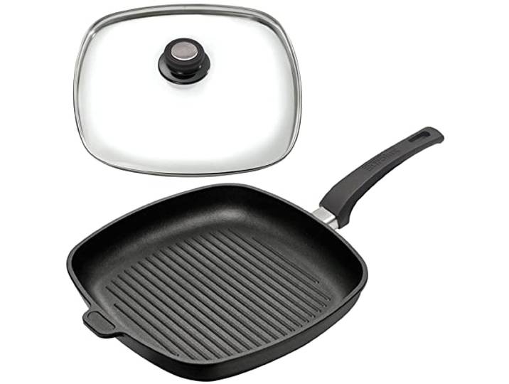 Eurolux große Eck-Grillpfanne 28x28 cm Set mit Glas-Deckel - 4.5 cm flache quadratische Guss-Pfanne mit Antihaft-Beschichtung - ohne Induktion - Made in Germany