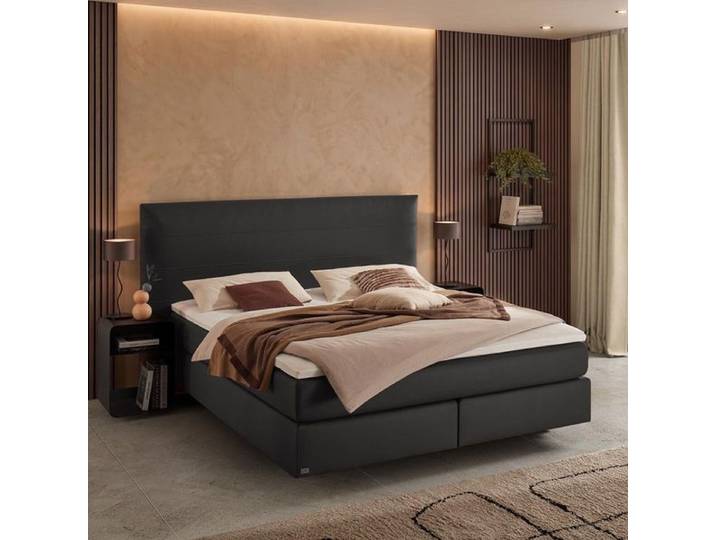 Boxspringbett Oleron Kunstleder 140x210cm TTF-Box Härtegrad: H3 Schwarz modern