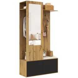 OKWISH Garderobenset mit Spiegel und Schuhablage, 100x38x191 cm, schwarz und Holz, 5 Haken, Bank und Stauraum, Wandmontage möglich